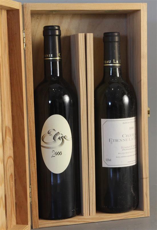 Two boxed Bordeaux wines, Chateau Etienne La Dournie, 1998 and Chateau La Dournie Saint-Chinian Elise, 2000.